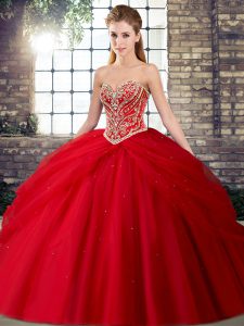 Latest Red Sleeveless Tulle Brush Train Lace Up Quinceanera Dress for Military Ball and Sweet 16 and Quinceanera