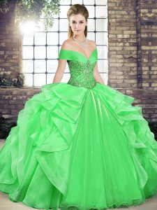 Off The Shoulder Sleeveless Quinceanera Gown Floor Length Beading and Ruffles Green Organza