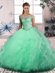 Artistic Floor Length Apple Green Sweet 16 Dress Off The Shoulder Sleeveless Lace Up
