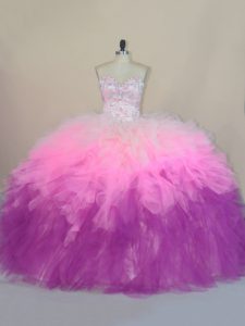 Ideal Lace Up 15th Birthday Dress Multi-color for Sweet 16 and Quinceanera with Beading and Ruffles Brush Train
