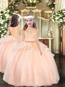 Peach Ball Gowns Lace Little Girl Pageant Gowns Zipper Organza Sleeveless Floor Length