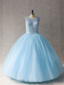 Cute Floor Length Lace Up 15th Birthday Dress Light Blue for Sweet 16 and Quinceanera with Beading