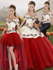 Glittering White And Red Lace Up Quinceanera Gown Embroidery Sleeveless Floor Length