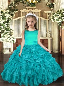Great Floor Length Lace Up Girls Pageant Dresses Aqua Blue for Party and Wedding Party with Ruffles