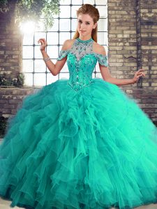 Stylish Floor Length Lace Up Sweet 16 Dresses Turquoise for Military Ball and Sweet 16 and Quinceanera with Beading and Ruffles
