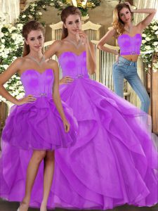 Designer Sweetheart Sleeveless Sweet 16 Dresses Floor Length Beading and Ruffles Lilac Tulle