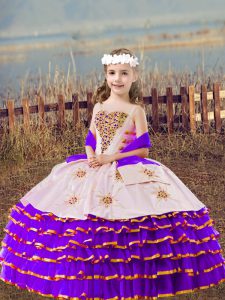 Straps Sleeveless Child Pageant Dress Floor Length Beading and Embroidery and Ruffled Layers Lavender Organza