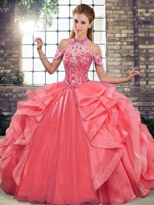 Sleeveless Floor Length Beading and Ruffles Lace Up Vestidos de Quinceanera with Watermelon Red