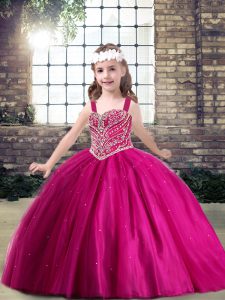 Lovely Fuchsia Tulle Lace Up Straps Sleeveless Floor Length Kids Pageant Dress Beading
