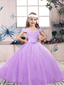 Floor Length Lavender Little Girls Pageant Gowns Off The Shoulder Sleeveless Lace Up