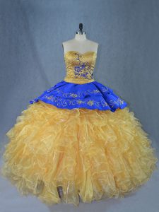 Best Selling Brush Train Ball Gowns Sweet 16 Dress Gold Sweetheart Organza Sleeveless Lace Up