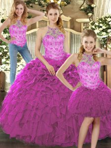 Stunning Fuchsia Halter Top Neckline Beading and Ruffles Vestidos de Quinceanera Sleeveless Lace Up