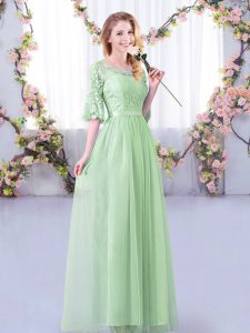 Low Price Apple Green Empire Scoop Half Sleeves Tulle Floor Length Side Zipper Lace and Belt Damas Dress