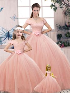 Fitting Pink Short Sleeves Tulle Lace Up Quinceanera Dresses for Military Ball and Sweet 16 and Quinceanera