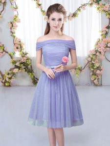 Pretty Empire Quinceanera Court of Honor Dress Lavender Off The Shoulder Tulle Short Sleeves Knee Length Lace Up