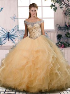 Gold Off The Shoulder Neckline Beading and Ruffles Quinceanera Gowns Sleeveless Lace Up