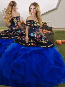 Beautiful Floor Length Blue And Black Quinceanera Gowns Tulle Sleeveless Embroidery and Ruffles