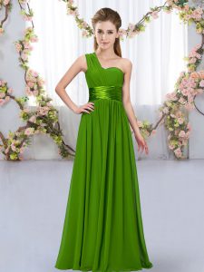 Attractive One Shoulder Sleeveless Vestidos de Damas Floor Length Belt Green Chiffon