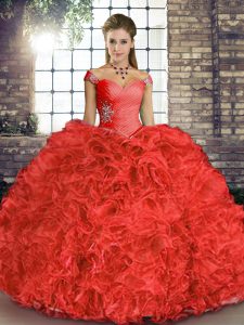 Artistic Beading and Ruffles 15 Quinceanera Dress Coral Red Lace Up Sleeveless Floor Length
