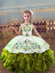 Olive Green Organza Lace Up Little Girls Pageant Dress Sleeveless Floor Length Embroidery and Ruffles