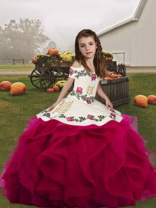 Sleeveless Organza Floor Length Lace Up Little Girl Pageant Gowns in Fuchsia with Embroidery and Ruffles