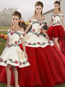 Cute White And Red Sleeveless Embroidery Floor Length Sweet 16 Quinceanera Dress
