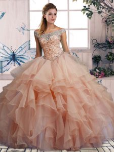 Pink Sleeveless Floor Length Beading and Ruffles Lace Up Quince Ball Gowns