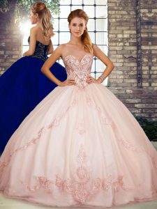Pink Vestidos de Quinceanera Military Ball and Sweet 16 and Quinceanera with Beading and Embroidery Sweetheart Sleeveless Lace Up