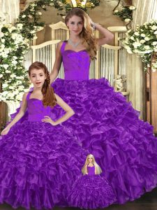 Ideal Purple Organza Lace Up Halter Top Sleeveless Floor Length Sweet 16 Quinceanera Dress Ruffles