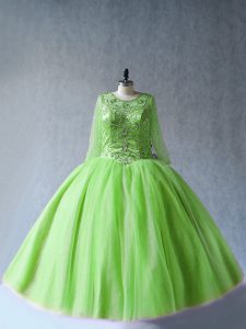 Scoop Long Sleeves Quinceanera Gown Floor Length Beading Yellow Green Tulle