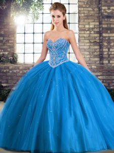 Sweetheart Sleeveless Tulle 15 Quinceanera Dress Beading Brush Train Lace Up