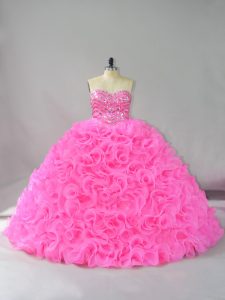 Hot Pink Fabric With Rolling Flowers Lace Up 15 Quinceanera Dress Sleeveless Floor Length Beading and Ruffles