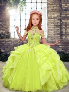 Ball Gowns Pageant Gowns For Girls Yellow Green High-neck Organza Sleeveless Floor Length Lace Up