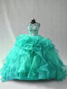 Custom Fit Floor Length Lace Up Ball Gown Prom Dress Turquoise for Sweet 16 and Quinceanera with Beading and Ruffles