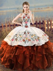 Ideal Rust Red Ball Gown Prom Dress Sweet 16 and Quinceanera with Embroidery and Ruffles Halter Top Sleeveless Lace Up