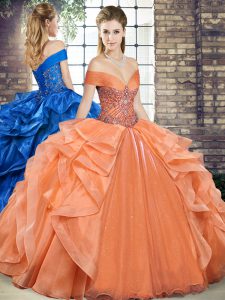 Pretty Floor Length Lace Up Ball Gown Prom Dress Orange for Military Ball and Sweet 16 and Quinceanera with Beading and Ruffles