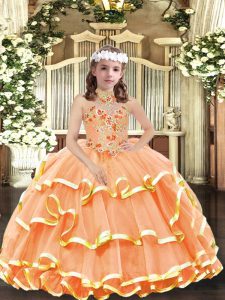 Sleeveless Organza Floor Length Lace Up Child Pageant Dress in Orange with Appliques and Ruffled Layers