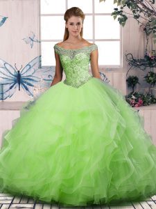 Off The Shoulder Sleeveless Quinceanera Gowns Floor Length Beading and Ruffles Tulle