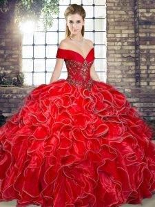 Pretty Red Organza Lace Up Off The Shoulder Sleeveless Floor Length Vestidos de Quinceanera Beading and Ruffles