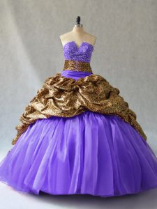 High Quality Lavender Sleeveless Organza and Printed Brush Train Lace Up Sweet 16 Dresses for Sweet 16 and Quinceanera
