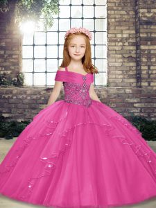 Customized Floor Length Hot Pink Little Girls Pageant Gowns Tulle Sleeveless Beading