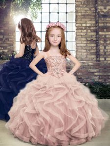 Adorable Pink Straps Neckline Beading and Ruffles Little Girl Pageant Gowns Sleeveless Lace Up