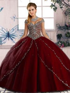 Modern Sweetheart Cap Sleeves Quince Ball Gowns Brush Train Beading Wine Red Tulle