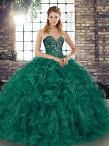 Green Organza Lace Up Sweetheart Sleeveless Floor Length Sweet 16 Quinceanera Dress Beading and Ruffles