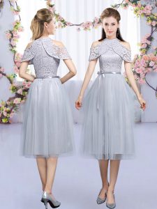 On Sale Grey Empire High-neck Sleeveless Tulle Tea Length Zipper Lace and Belt Court Dresses for Sweet 16