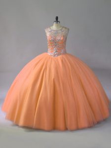 New Style Orange Ball Gowns Scoop Sleeveless Tulle Floor Length Lace Up Beading Sweet 16 Quinceanera Dress
