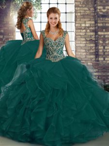 Fantastic Peacock Green Lace Up Ball Gown Prom Dress Beading and Ruffles Sleeveless Floor Length