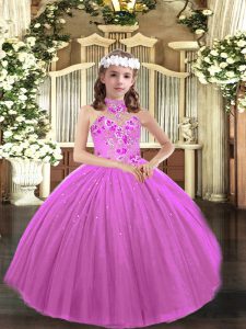 Gorgeous Floor Length Lilac Little Girls Pageant Gowns Halter Top Sleeveless Lace Up