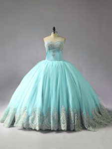 Simple Ball Gowns Sleeveless Blue Quinceanera Gown Court Train Lace Up