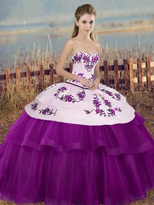 White And Purple Sleeveless Floor Length Embroidery and Bowknot Lace Up Quinceanera Dresses